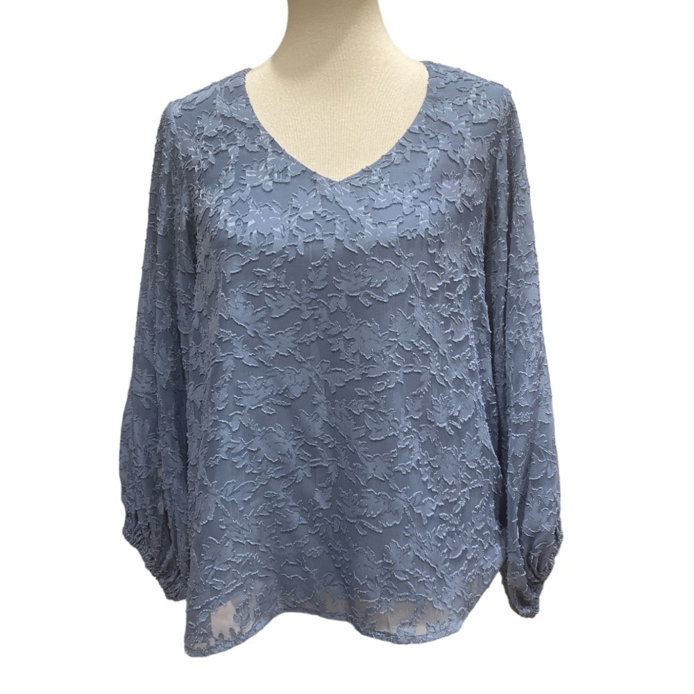 She + Sky Blue V Neck Top With Raised Floral Design Size Small